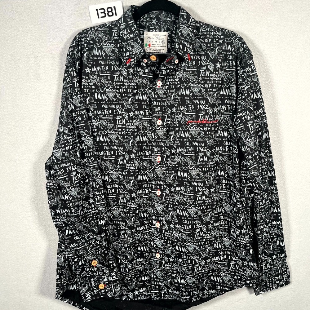 Porto Blanco Shirt Mens XL Black White All Over Print Long Sleeve Made In Mexico